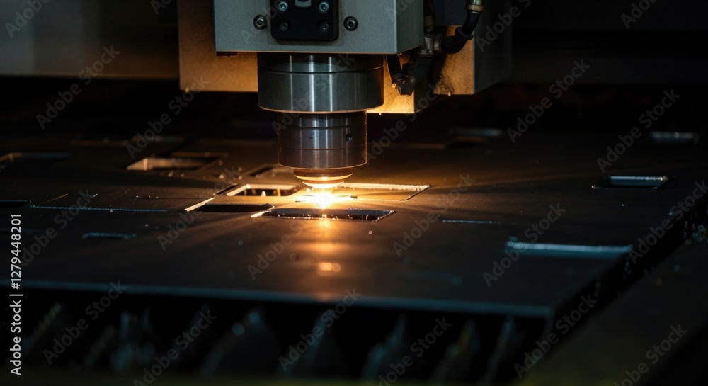 Laser cutting machine in action on industrial metal sheet Laser cutting machine in action on industrial metal sheet
