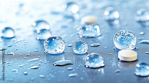 Disolución de una pastilla de lavavajillas en agua clara y la formación de burbujas photo