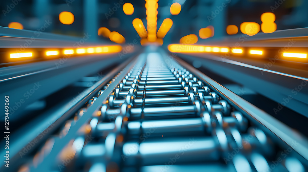 A close-up view of metallic tracks under warm lights, creating a futuristic and industrial atmosphere. A close-up view of metallic tracks under warm lights, creating a futuristic and industrial atmosphere.