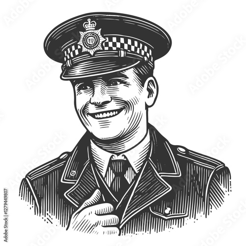 police officer in a classic uniform and hat, evoking a nostalgic and trustworthy vintage aesthetic sketch engraving generative ai vector illustration. Scratch board imitation. Black and white image.