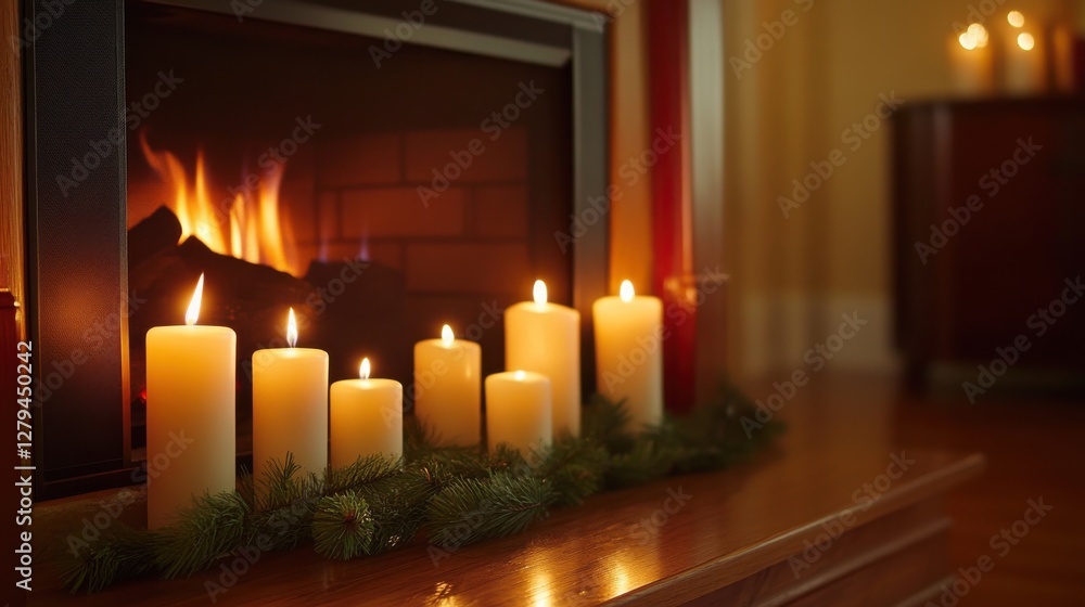 Cozy Fireplace with Lit Candles and Greenery for Winter Decor Cozy Fireplace with Lit Candles and Greenery for Winter Decor