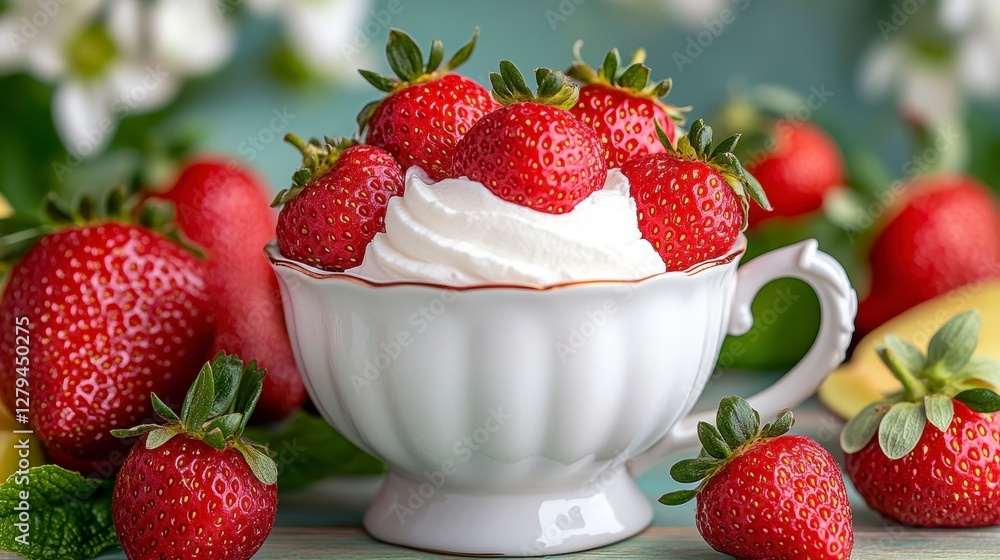 Fresh Strawberries and Whipped Cream in White Cup Fresh Strawberries and Whipped Cream in White Cup