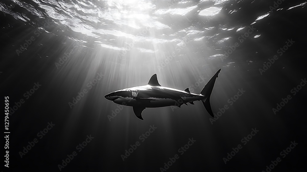 Great White Shark Swimming in Ocean Depths with Sunlight Rays Great White Shark Swimming in Ocean Depths with Sunlight Rays