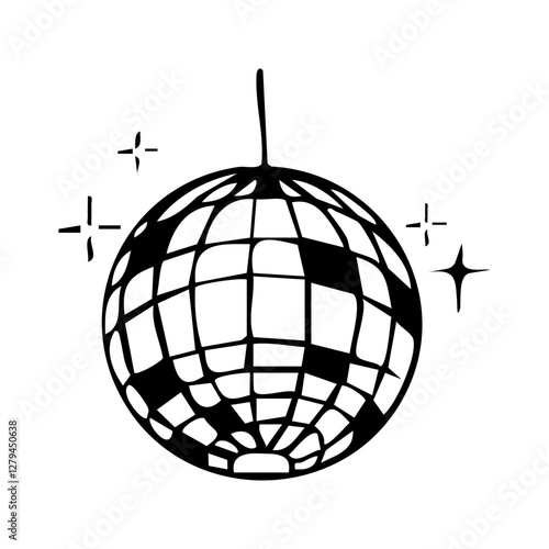 Disco ball doodle line tattoo y2k coquette trendy groovy decoration. Retro dance party line hand drawn design elements. Disco ball with stars, sketch