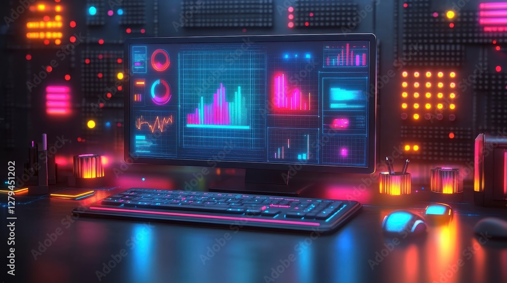 Futuristic Computer Setup with Data Visualization and Neon Lights Futuristic Computer Setup with Data Visualization and Neon Lights