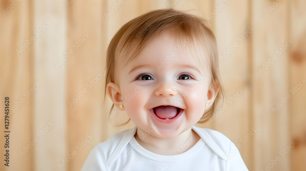 Happy baby girl portrait, wooden background, joyful expression, family photography Happy baby girl portrait, wooden background, joyful expression, family photography