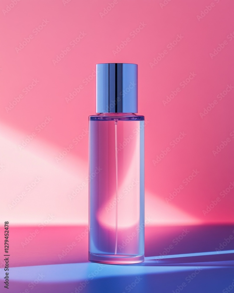 Elegant perfume bottle with pink and blue gradient lighting Elegant perfume bottle with pink and blue gradient lighting