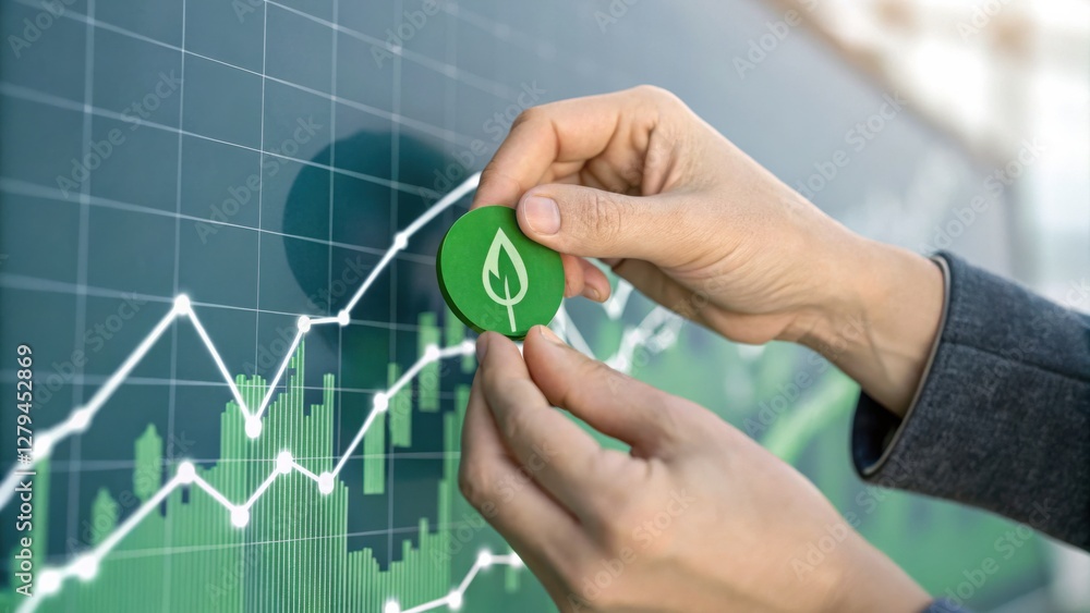 Hands Placing a Green Energy Token on a Green Stock Market Graph Close Up Hands Placing a Green Energy Token on a Green Stock Market Graph Close Up