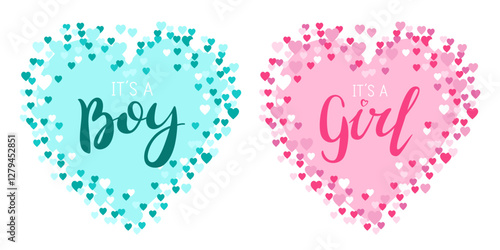 "It's a Boy" and "It's a Girl" gender reveal announcements with heart-shaped confetti backgrounds. Perfect for social media posts, cards, or party decorations.