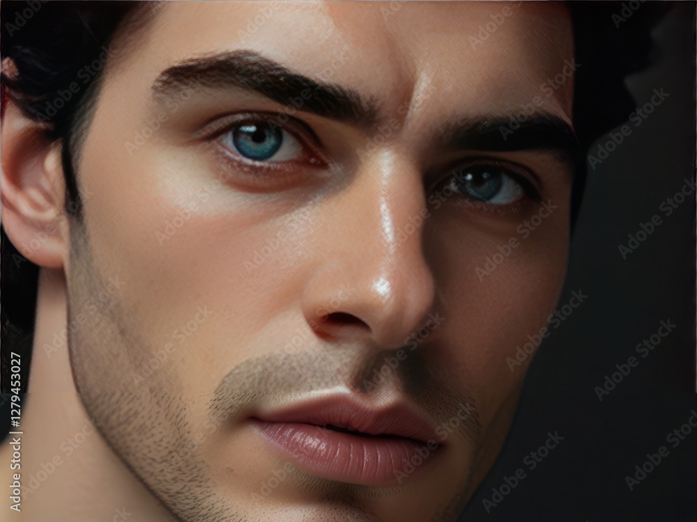 Close-up portrait of a strikingly handsome man with piercing blue eyes Close-up portrait of a strikingly handsome man with piercing blue eyes