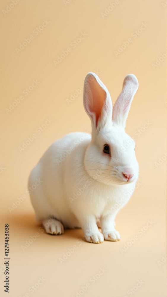 Obraz premium Cute white bunny on isolated peach background colors