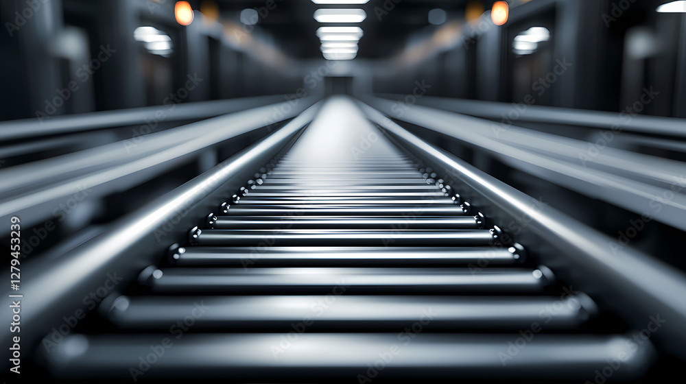 A close-up view of metallic rails extending into the distance, creating a sense of depth and perspective in a dimly lit environment. A close-up view of metallic rails extending into the distance, creating a sense of depth and perspective in a dimly lit environment.