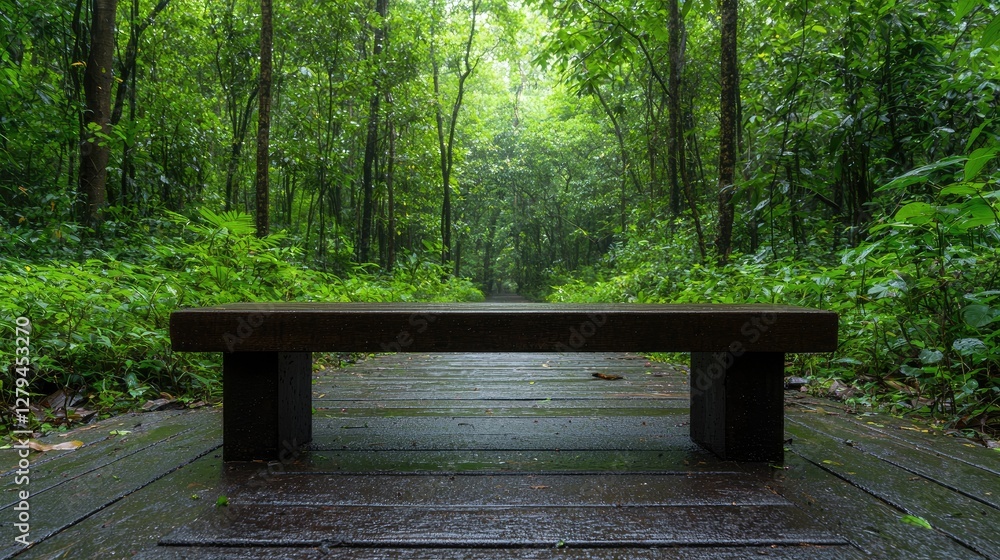 Empty park bench in lush green forest after rain. Ideal for nature, relaxation, tourism use Empty park bench in lush green forest after rain. Ideal for nature, relaxation, tourism use