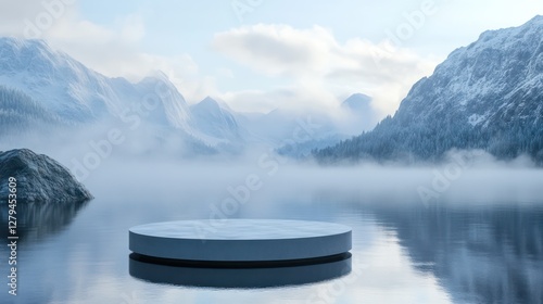 A product display scene featuring a circular stand floating on the water's surface, with foggy mountain peaks rising in the background