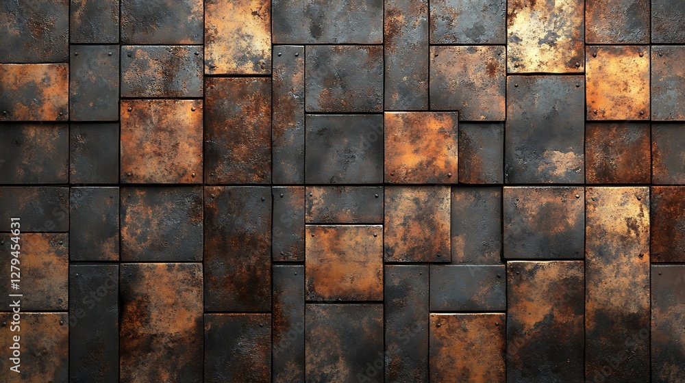Rusty metal tiles wall texture background. Possible use industrial backdrop