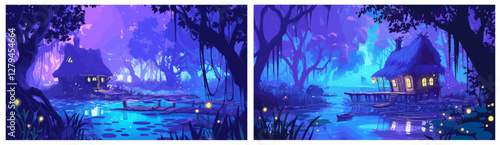 houses on the swamp. wooden hut night forest cartoon background, fantasy blue night fireflies trees water water lilies witch sorceress mystical landscape vector illustration
