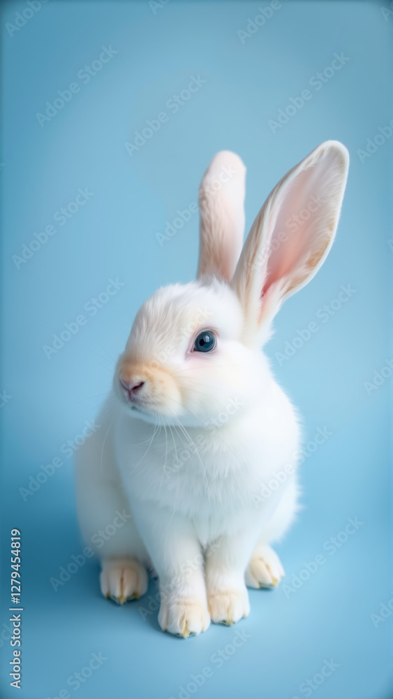 Obraz premium Cute white rabbit on isolated blue background