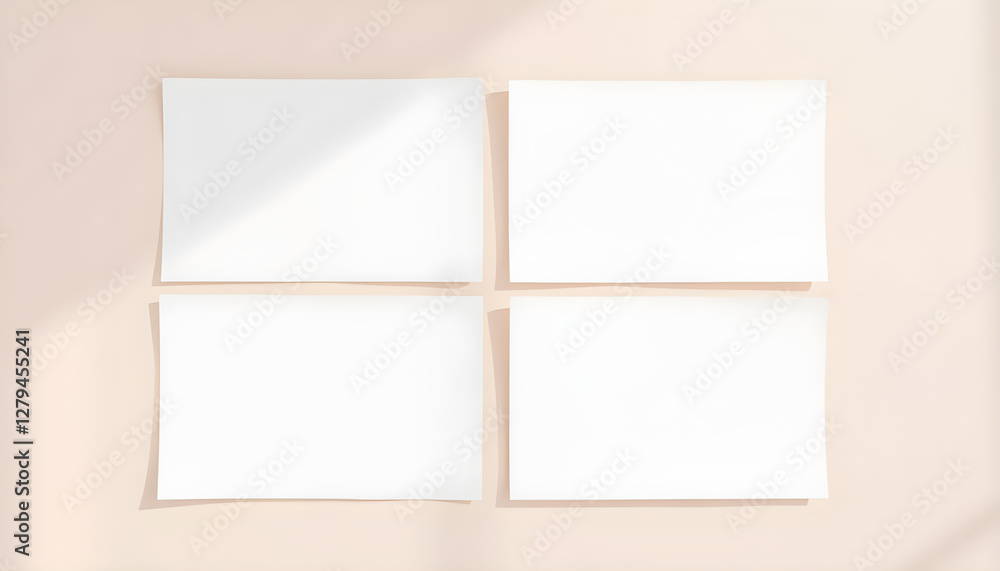 Four white square papers on light peach background with soft shadows, ideal for mockups and design concepts Four white square papers on light peach background with soft shadows, ideal for mockups and design concepts
