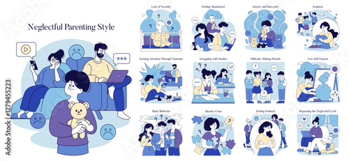Negletful Parenting Style. Flat Vector Illustration