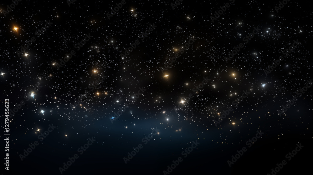 Obraz premium Particules et étoiles scintillantes et brillantes volant sur fond sombre, noir. Lumière, étoile, paillette dorée et flou. Cosmos, univers, espace. Fond pour bannière, conception et création graphique.