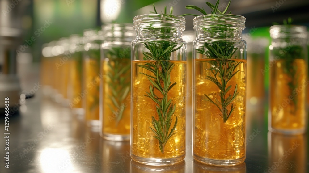 Laboratory rosemary sprigs in vials, golden liquid, industrial setting Laboratory rosemary sprigs in vials, golden liquid, industrial setting