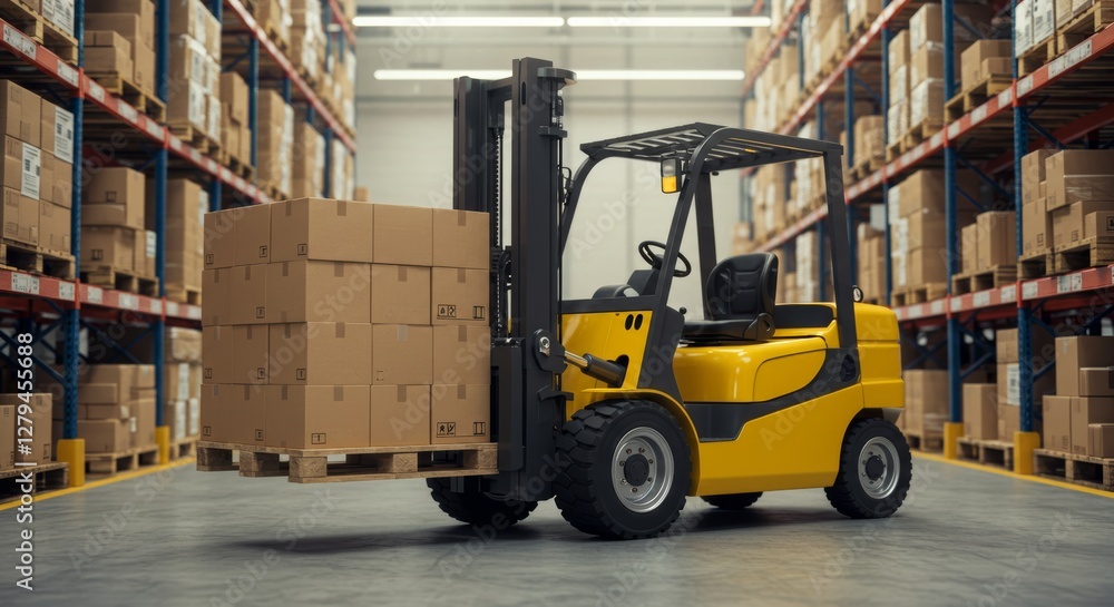 Forklift operation in a warehouse efficiently moving cardboard boxes Forklift operation in a warehouse efficiently moving cardboard boxes