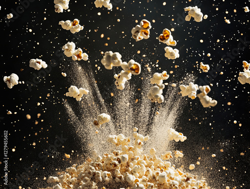 Popcorn kernals in mid-air