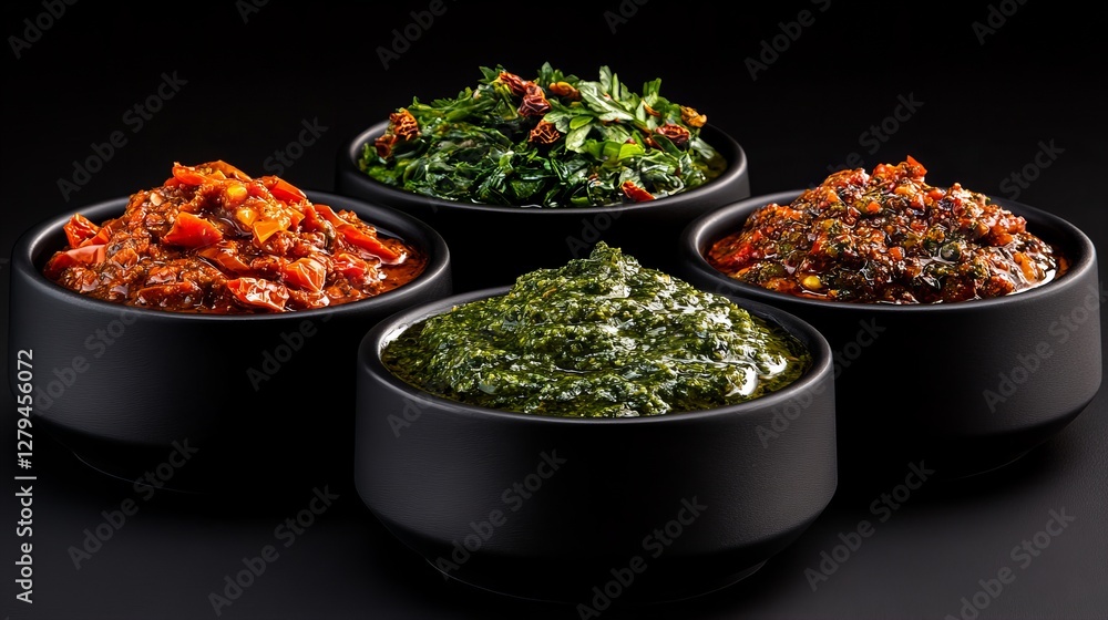 Four delicious dips in dark bowls. Red, green, and brown sauces. Four delicious dips in dark bowls. Red, green, and brown sauces.