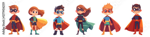 kids superheroes cartoon set. boy girl superhero, child hero outfit costume clothes mask cloak jumpsuit gloves boots idol character comics vector illustration
