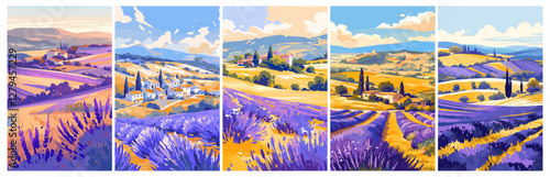Lavender field. Provence countryside summer landscape with lavandula flowers, floral rural hills posters set vector illustration