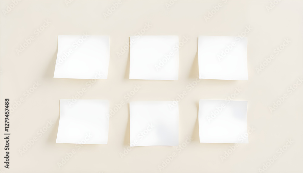 Six blank white sticky notes arranged in a grid on a cream-colored wall Six blank white sticky notes arranged in a grid on a cream-colored wall