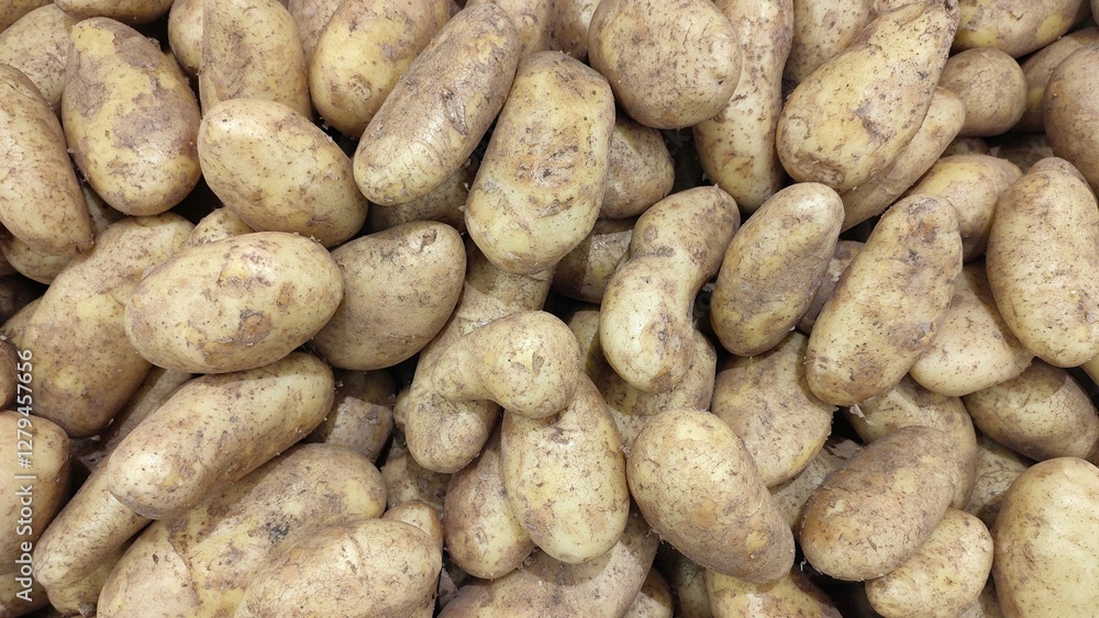 Photo of a large pile of freshly harvested potatoes with earthy brown skin and irregular shapes, showcasing their natural texture and organic appearance. Photo of a large pile of freshly harvested potatoes with earthy brown skin and irregular shapes, showcasing their natural texture and organic appearance.