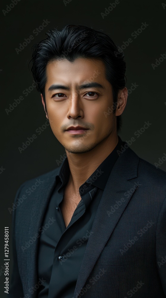 Stylish portrait of a man in a black suit against a dark background showcasing confidence and elegance Stylish portrait of a man in a black suit against a dark background showcasing confidence and elegance