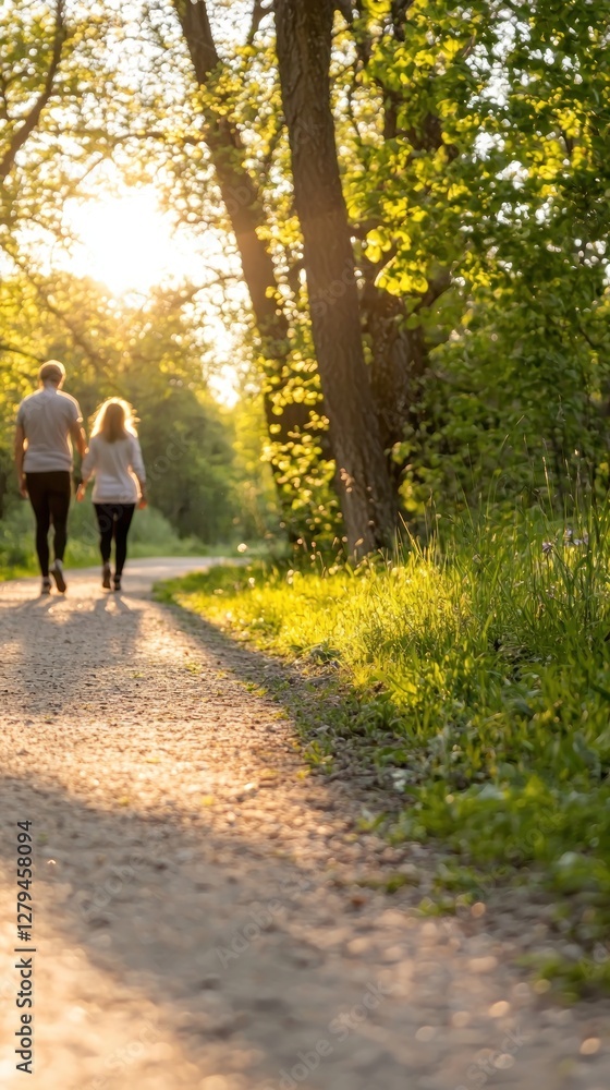 Obraz premium Couple walking path sunset park, nature, relaxing, photo