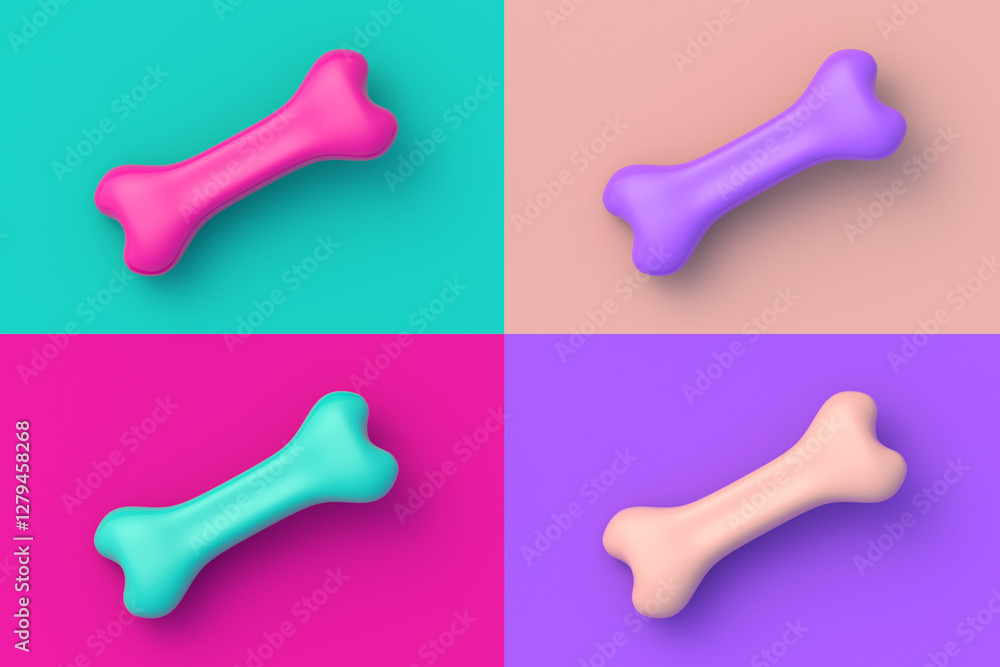 Set of four different color dog food bone on colorful segmental background. 3d render Set of four different color dog food bone on colorful segmental background. 3d render