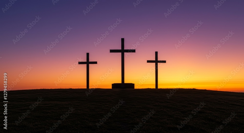 Three Crosses at Sunset - Silhouette of three crosses on a hilltop at sunset, vibrant orange and purple sky. Peaceful, spiritual Three Crosses at Sunset - Silhouette of three crosses on a hilltop at sunset, vibrant orange and purple sky. Peaceful, spiritual