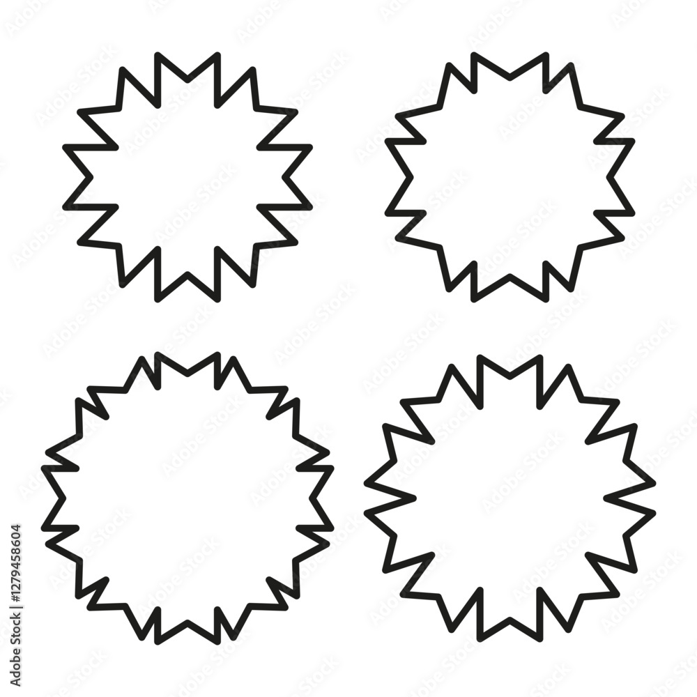 Starburst badge shapes. Abstract geometric outlines. Promotional sticker design. Minimal black contour. Starburst badge shapes. Abstract geometric outlines. Promotional sticker design. Minimal black contour.