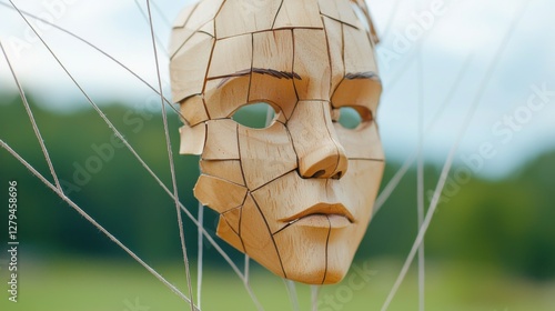 Close up of a marionette's strings tangled, its wooden face cracked, a metaphor for control lost and forgotten performances