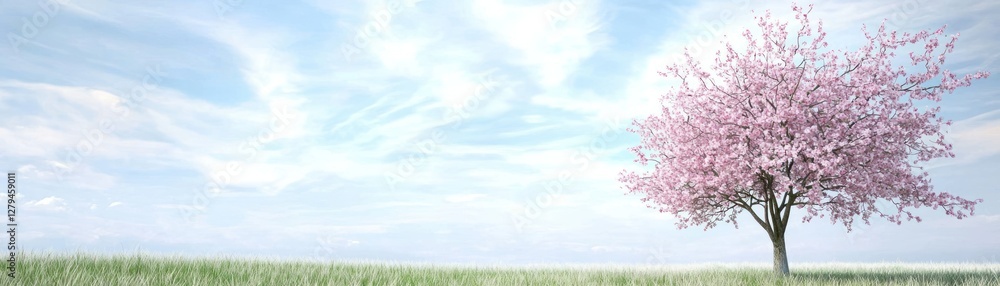 Fototapeta premium Blossoming Tree, Spring Meadow, Peaceful Scene, Background Use