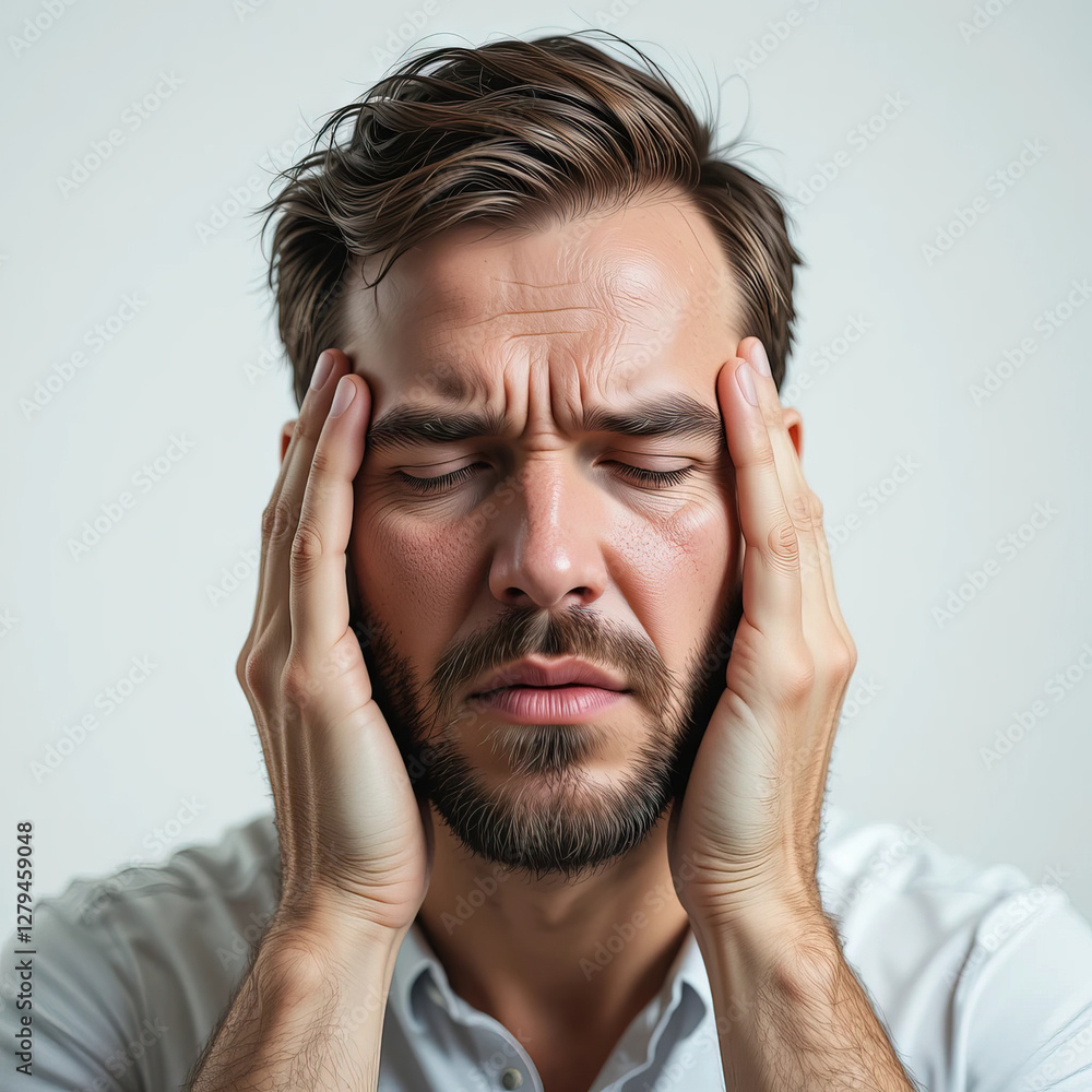 man with his eyes closed and hands on his head man with his eyes closed and hands on his head