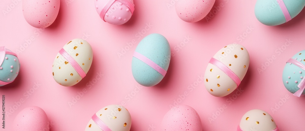 A vibrant collection of Easter eggs adorned with bows, set against a soft pink background, showcasing a festive and cheerful atmosphere. A vibrant collection of Easter eggs adorned with bows, set against a soft pink background, showcasing a festive and cheerful atmosphere.