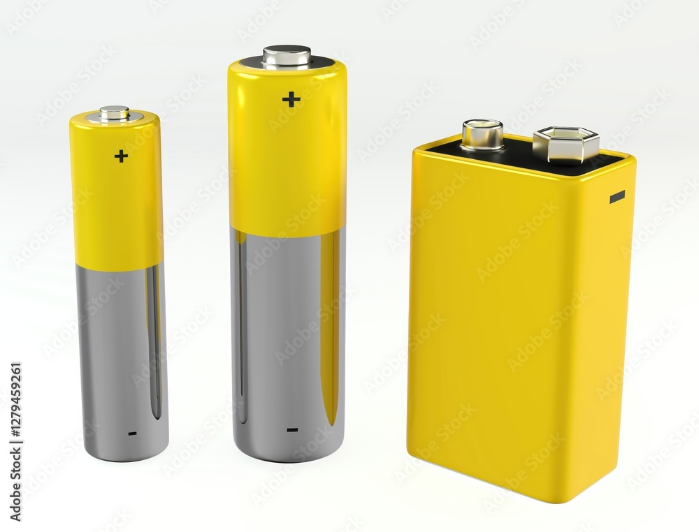Diverse battery set: 9v, aa, and aaa power sources for energy concept ,3d illustration Diverse battery set: 9v, aa, and aaa power sources for energy concept ,3d illustration