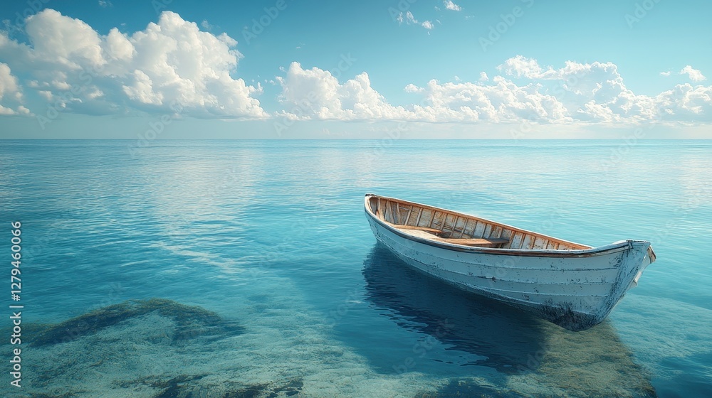 Naklejka premium Serene wooden boat on crystal clear ocean with vast sky and fluffy clouds