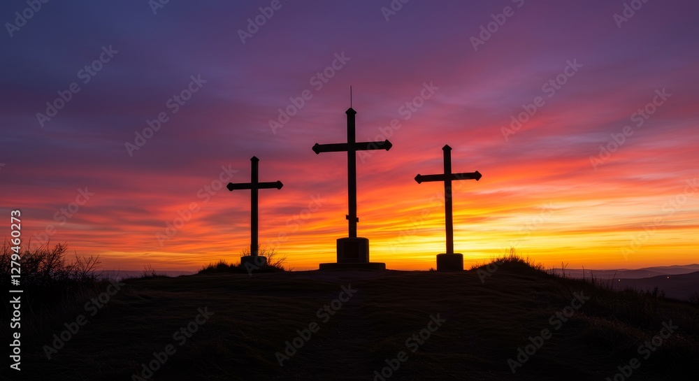Obraz premium Three Crosses at Sunset - Silhouetted crosses stand against a vibrant sunset sky, creating a serene and spiritual