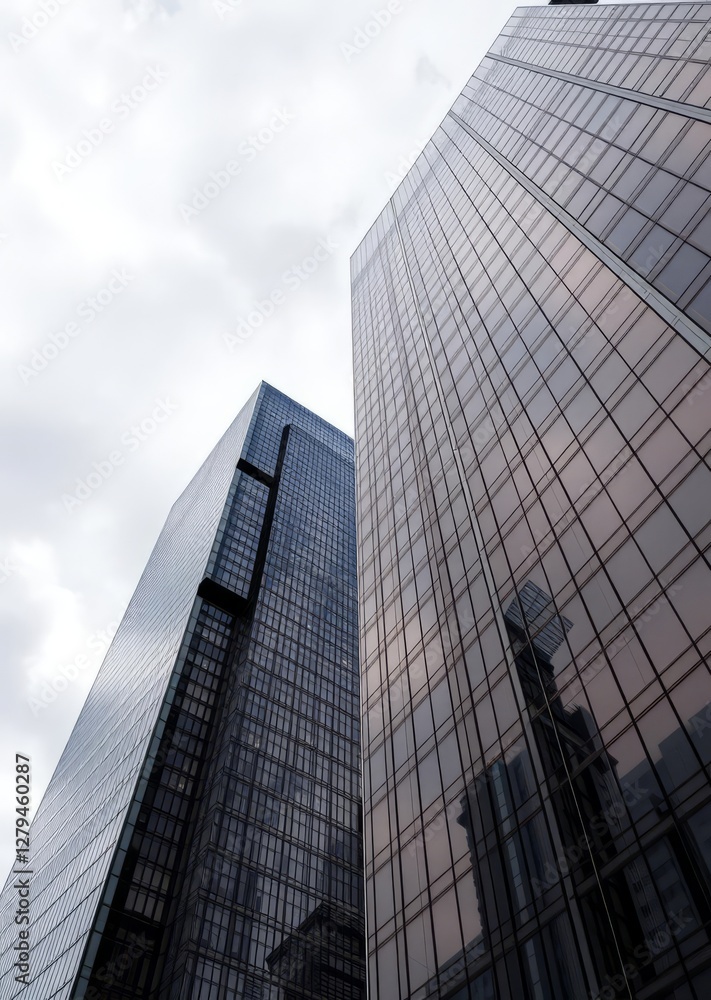 Modern skyscrapers, glass facades, reflective surfaces, geometric patterns, upward perspective, towering architecture, urban landscape, cloudy sky, converging lines, corporate buildings, city financia Modern skyscrapers, glass facades, reflective surfaces, geometric patterns, upward perspective, towering architecture, urban landscape, cloudy sky, converging lines, corporate buildings, city financia