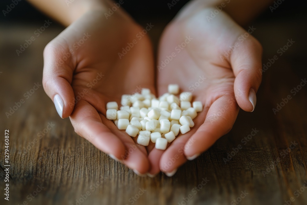 Hands of a person holding a small white candy wrapper, top view on a wooden table Hands of a person holding a small white candy wrapper, top view on a wooden table