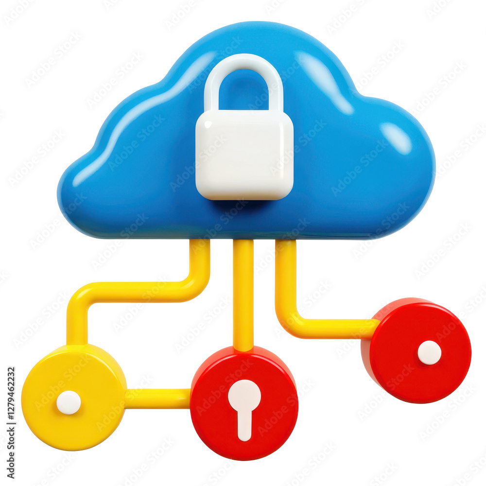 3D Cybersecurity icon. Cloud with padlock and colorful connections isolated on a white background. 3D Cybersecurity icon. Cloud with padlock and colorful connections isolated on a white background.