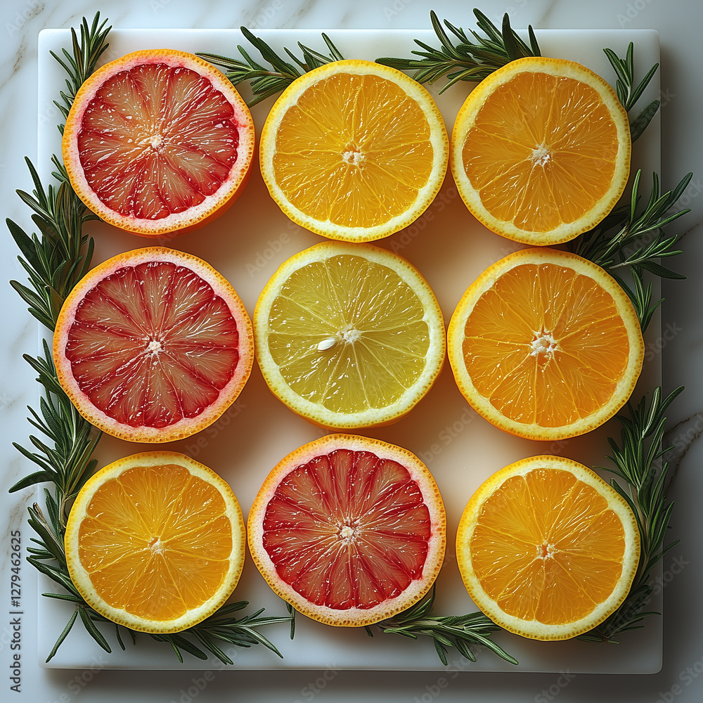 Obraz premium A grid of fresh citrus slices, including grapefruit, orange, and lemon, elegantly arranged with rosemary sprigs on a white cutting board. 