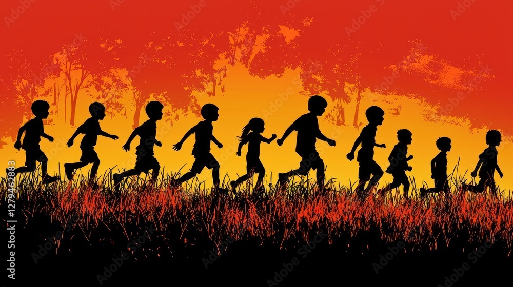 Children running through field at sunset. Possible use stock photo Children running through field at sunset. Possible use stock photo