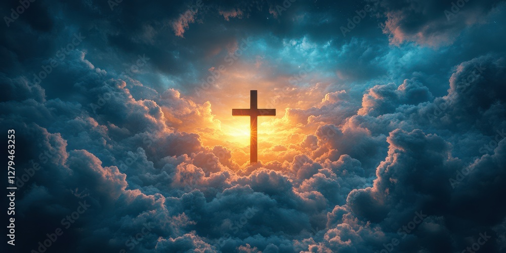 Clouds illuminated by sunrise behind a cross in a serene sky filled with vibrant hues during early morning Clouds illuminated by sunrise behind a cross in a serene sky filled with vibrant hues during early morning